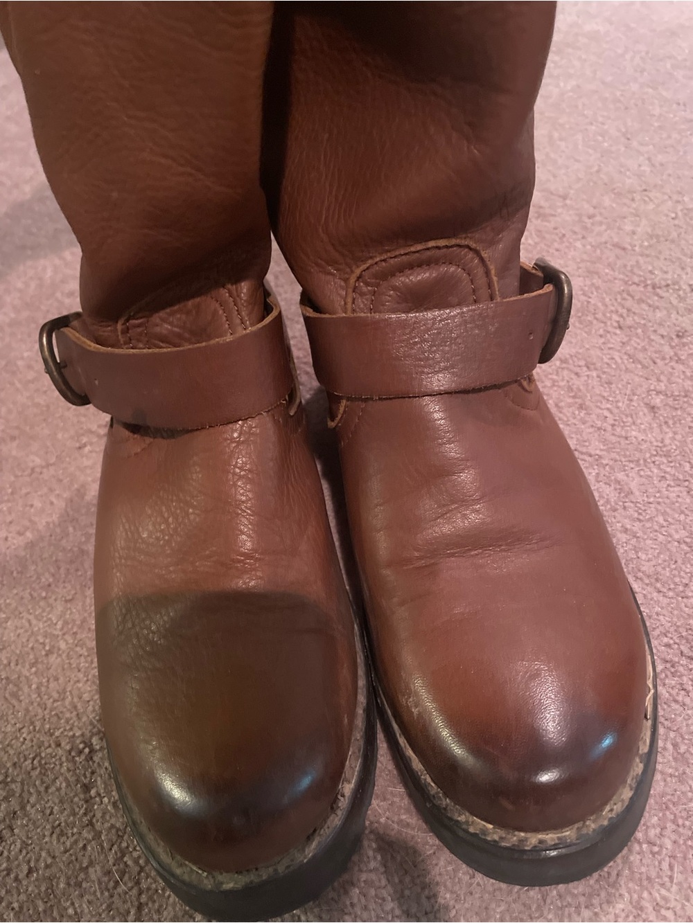 Frye Brown Leather Mid-Calf Buckle Heeled Boots - Picture 3 of 6